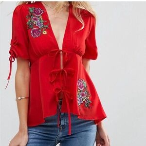 ASOS Red Floral Blouse with Tie Front